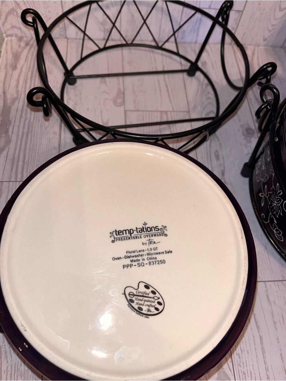 Temptations Purple and Cream Floral Ceramic Bowl with Black Metal Stand - Picture 7 of 10